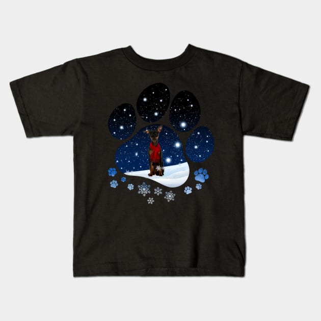 Snow Paw Miniature Pinscher Christmas Winter Holiday Kids T-Shirt by Vintage White Rose Bouquets